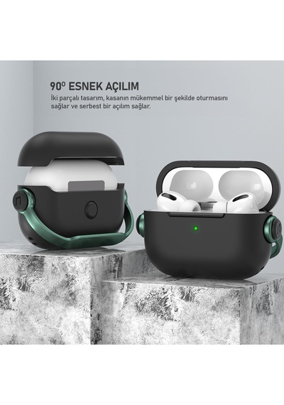 Airpods 4 Uyumlu Djpods Sert Malzemeli Dayanıklı Koruyucu Kilitli Kapak Askı Aparatlı Kılıf Siyah - Yeşil