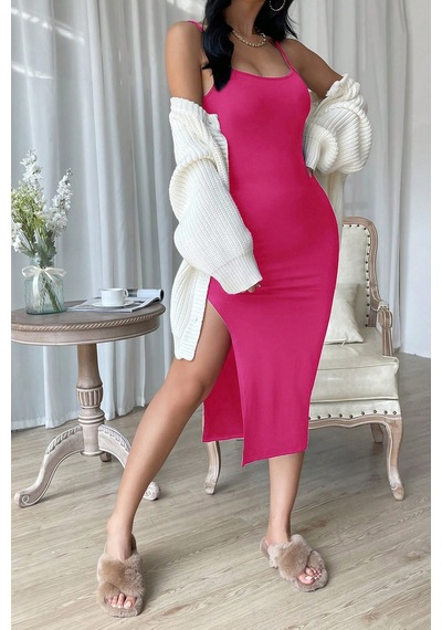 Ang Butik Kadın Fuşya Yırtmaçlı Diz Altı Vücüdu Saran Gecelik