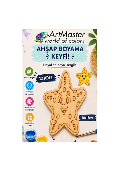 Ahşap Boyama Deniz Yıldızı 12 Adet 10x15cm Boyama Deniz Figürü Etkinlik Çoçuk Gelişim Motor Beceri Kreş Anasınıfı