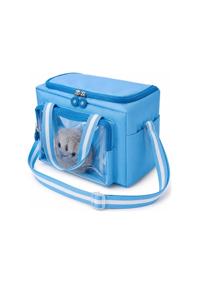 Çocuk Termal Okul Beslenme Çantası Şeffaf Cepli Peluş Aksesuarlı Omuz Askılı Lunch Bag Mavi