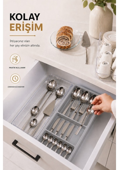Çekmece İçi Kaşıklık Organizer Bölmeli Mutfak Düzenleyici Gri S-11030 Beyaz