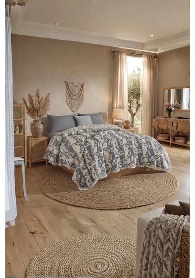 Nuvia 5 Kat Dolgulu Müslin Çift Kişilik Yatak Örtüsü %100 Pamuk Jakar Dokulu 220x240 Cm Gri