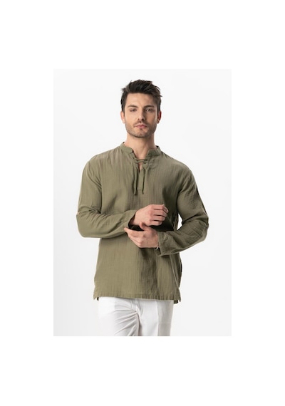 Uzun Kol Doruk V Yaka Bağcıklı Müslin Erkek Yazlık Tshirt Haki Hk Haki