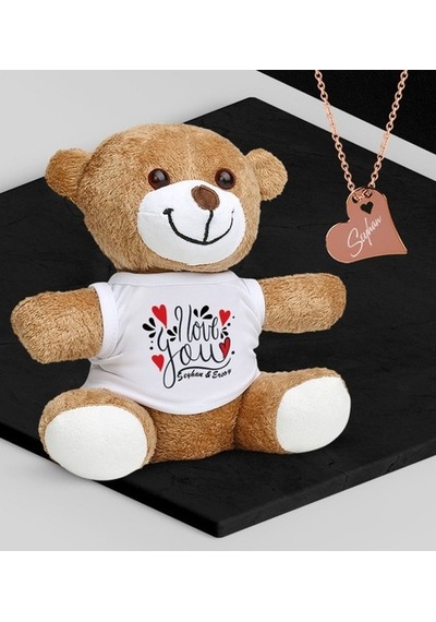 Kişiye Özel Sevgililer Temalı Peluş Ayıcık Ve Rose Kalp Kolye Set (409001208)