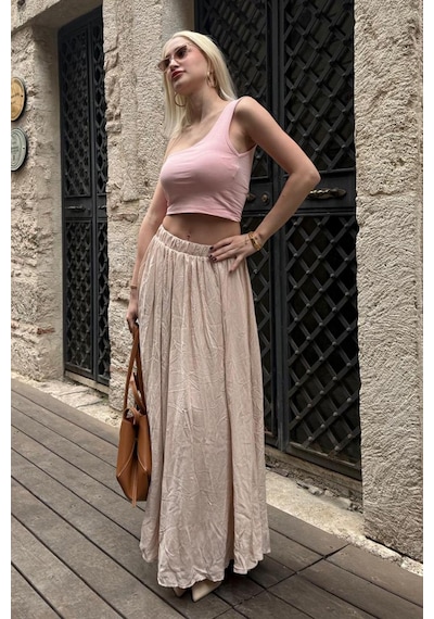 Madmext Bej Vual Kumaş Basic Kadın Uzun Boy Kadın Etek Mg2366 Bej