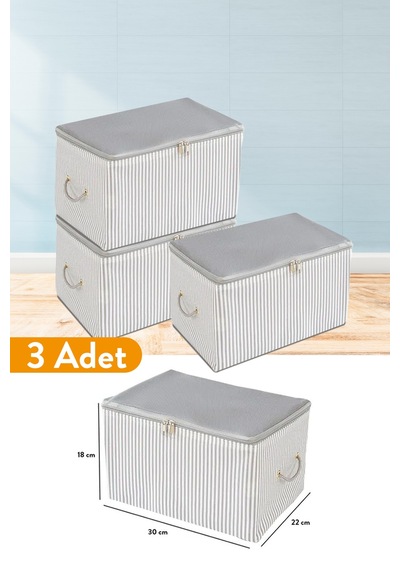 Serstil 3 Adet - Mini Boy Baskı Detaylı Antrasit Çizgili Hurç 30 X 22 X 18 Cm Gri