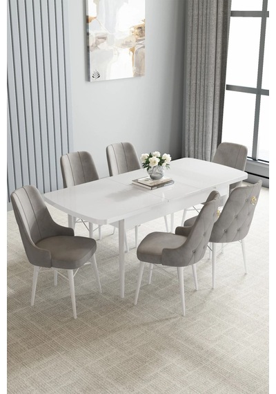 Zümra Serisi, Beyaz 80x132 Açılabilir Mdf Mutfak Masası Takımı 6 Adet Sandalye, Gri Zümra Serisi, Beyaz 80x132 Açılabilir Mdf Mutfak Masası Takımı 6 Adet Sandalye, Gri