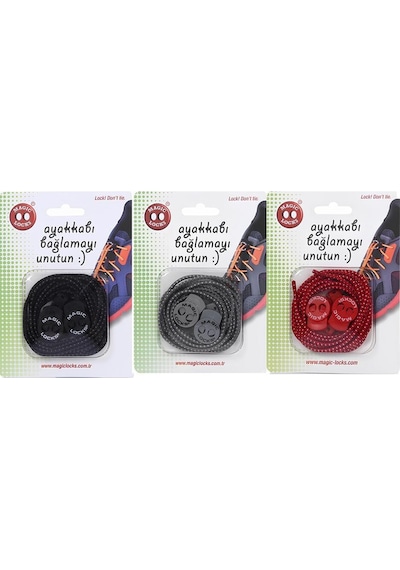 Magic Locks Akıllı Bağcık Yuvarlak 3'lü Set Siyah-gri-kırmızı