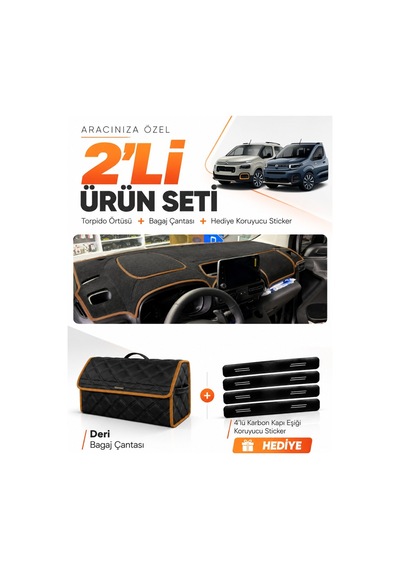 Cıtroen Berlıngo K9 2018-2026 Uyumlu Torpido Örtüsü + Deri Çanta + Sticker - Siyah Kahverengi