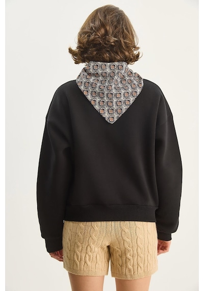 Shade Kadın Fular Detaylı Ceylan Nakışlı Üç İplik Şardonlu Oversize Sweatshirt 6916 60283615 - Siyah