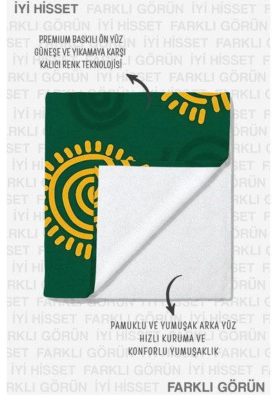 Güneş Figürlü Yeşil Sarı Plaj Havlusu - Bohem Tropikal Spiral Motifli Hızlı Kuruyan Mikrofiber Havlu Donuk Tozu