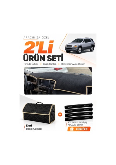 E-biz Kia Sorento 2006-2009 Uyumlu Torpido Örtüsü + Deri Bagaj Çantası Seti - Siyah-bej - Kı018