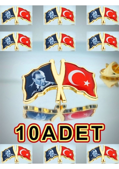 Yörük Tasarım 10 Adet Türk Bayrağı & Atatürk Altın Kaplama Mineli Döküm Yaka Rozeti