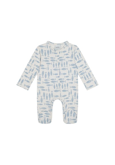 Antebies Bambu Sustainable Mavi Balık Desenli Çıtçıtlı Uzun Kollu Erkek Bebek Patikli Tulum