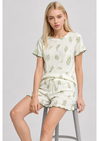 Su Yeşili Yaprak Desenli Pijama Takımı 4650-yeşil
