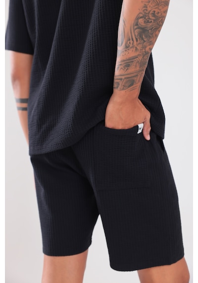 Rowinger Waffle Dokulu Oversize T-shirt Ve Şort Erkek Takım Siyah