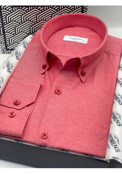 Slim Fit Uzun Kol Pamuklu Hediye Kutulu Kolay Ütülenebilir Erkek Gömlek Fs-002225 - Kırmızı-2667
