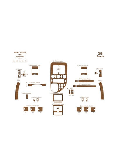 Mercedes Vito Caravan Torpido Kaplama 1999-2004 39 Parça Açık Meşe