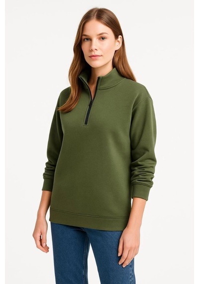 Kadın 3 İplik Dık Yaka Yarım Fermuarlı Sweatshirt - Haki