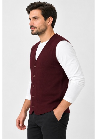 Bihan Store Erkek V Yaka Düğmeli Tek Plaka Spor Yelek 7025-bordo