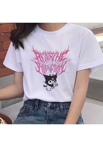 Noıssey Beyaz Japon Karakter Kuromi Baskılı Oversize Rahat Kalıp