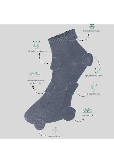 Kral Socks Erkek Bambu Patik Düz Desen Dikişsiz 3 Çift Çorap Füme - Lacivert