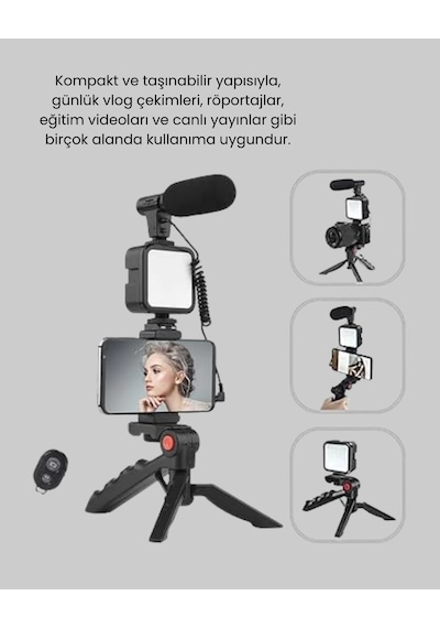 Profesyonel Vlog Çekim Kiti Led Işıklı Tripod Mikrofonlu Telefon Seti Çok Renkli