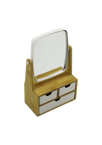 Lunaev 3 Çekmeceli Bambu Ahşap Standlı 9x9.5x18x21.5 Cm Makyaj Aynası 15x18cm Takılık 2+1 Organizer 100