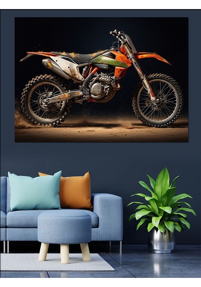 Dağlık Arazide Turuncu Cross Motosiklet Dekoratif Kanvas - Mdf Ahşap Tablo