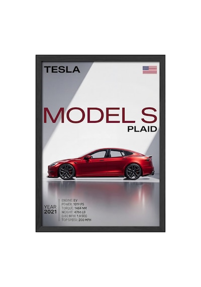 Tesla Model S Plaid Siyah Ahşap Çerçeveli Poster, Dekoratif Araba Duvar Tablosu