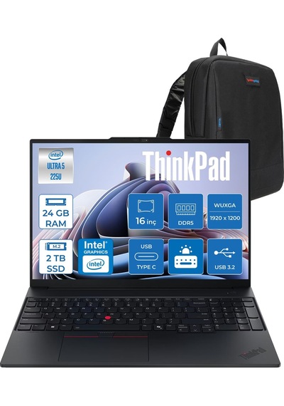 Lenovo ThinkPad E16 Gen 3 21SR006VTXF09 Ultra 5 225U 24 GB 2 TB SSD 16" Free Dos Dizüstü Bilgisayar + Zetta Çanta