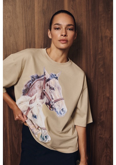 Grimelange Grımelange Ranchera Kadın Baskılı Kısa Kollu Relaxed Bej T-shirt