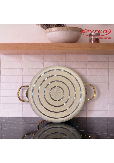 18 Cm Cream Ezme Seri Granit Derin Tencere, Non-stick Derin Tencere 1,6 Lt Gold Çelik Kulp 20 Cm