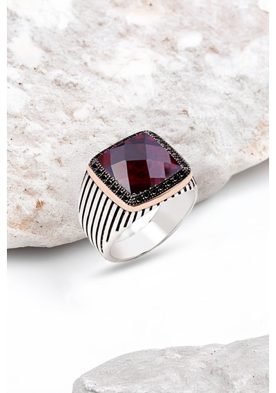 Gümüş Fasetli Garnet Zirkon Taşlı Süslemeli Çizgili Kasa Erkek Yüzük -5380