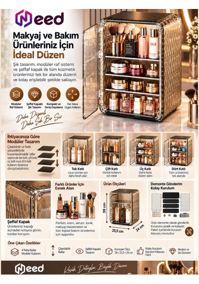 Need Dolap Tasarımlı Şeffaf Kapaklı Makyaj Organizeri Gold Transparan - Nd-8095-tpb