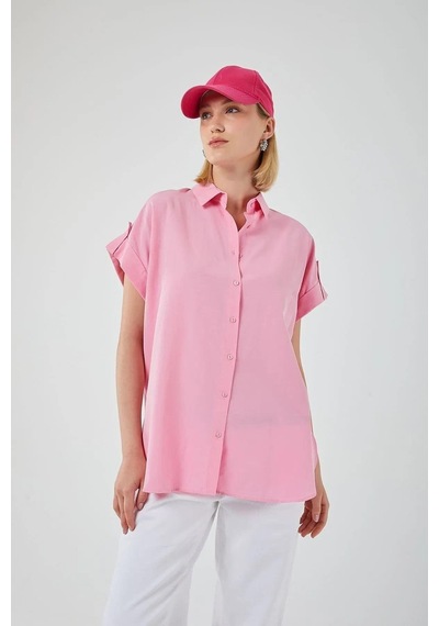 Mixray 3967 Kadın Apoletli Kısa Kol Oversize Gömlek Şeker Pembe