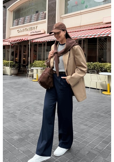 Açelyaokcu Premium Vento Orta Bel Wide Leg Dokuma Pantolon Lacivert