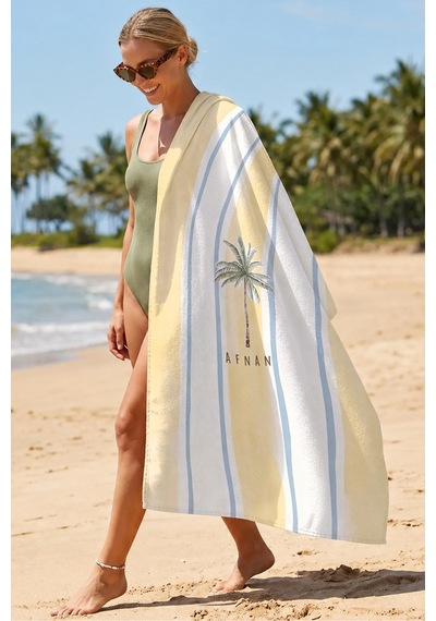 Palmiye Çizgili Tropikal Plaj Havlusu - Sarı Mavi Minimalist Marine Hızlı Kuruyan Mikrofiber Havlu Mat Leylak