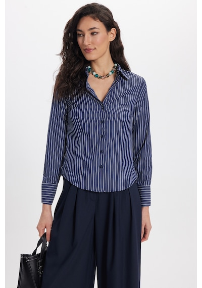 Tudors Kadın Slim Fit Dar Kesim Uzun Kollu Çizgili Lacivert Gömlek-50322