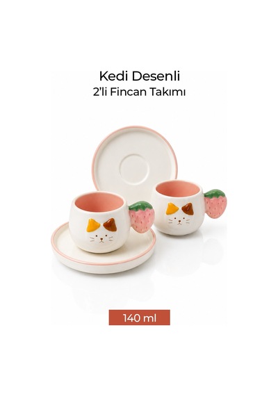 Kedi Desenli Çilek Kulplu 2'li Kahve Fincanı 140 Ml Diğer