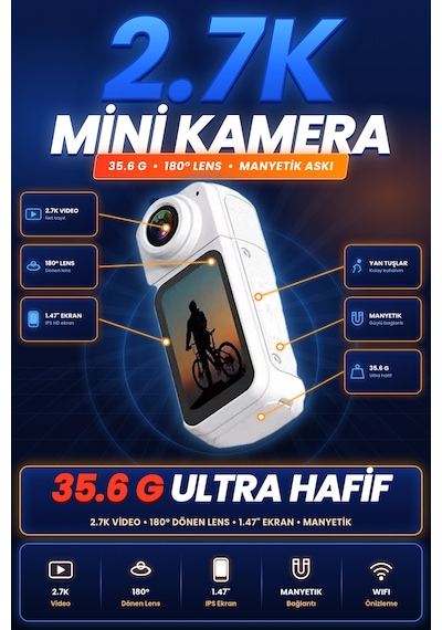 Blue Inter Smart Panora Aksiyon Kamera Döner Lensli Ekranlı Taşınabilir Vlog Kamerası Mini Spor Kamerası