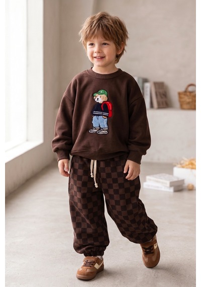 Babymod Erkek Çocuk Ayıcık İşlemeli 3 İplik Pamuklu Kumaş Sweatshirt Ve Damalı Eşofman Altüst Takım Kahverengi Babymod Erkek Çocuk Ayıcık İşlemeli 3 İplik Pamuklu Kumaş Sweatshirt Ve Damalı Eşofman Altüst Takım Kahverengi