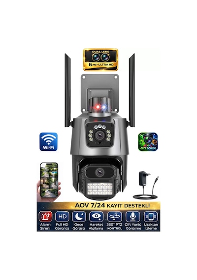 Sw-318 Dual Lens 6mp Wifi Güvenlik Kamerası Gece Görüşlü Hareketli Sesli Çakarlı Alarm Akıllı Kamera
