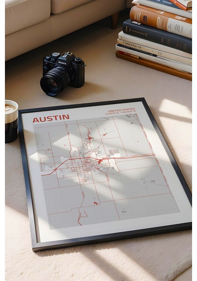 Austin Amerika Haritası Çerçeveli Tablo Lüks Salon Ofis Duvar Dekorasyonu Hediyelik Tablo