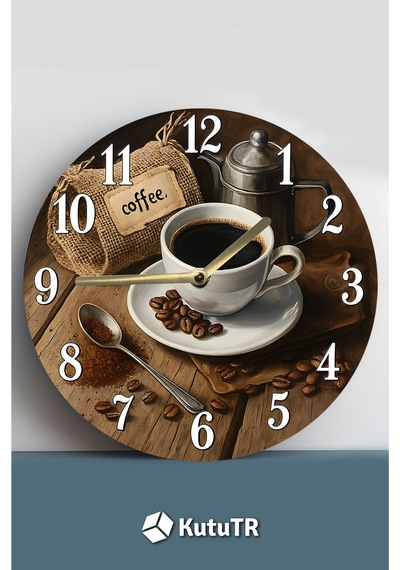 Zamanın Klasik Lezzeti Kahve Temalı Sessiz Yuvarlak Ahşap Duvar Saati, Kuvars Coffe 2d Sdw2012 Renkli