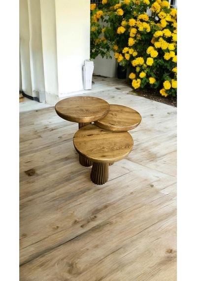 Simillo Wood Wooden Ahşap 3 Lü Set Fitilli Mantar Yan Sehpa Modern Koyu Ceviz Renkli Fiskos Koyu Ceviz