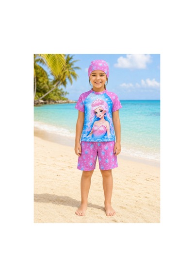 Rony Pony Kids Kız Çocuk Uv Korumalı Mayo Takımı Şapkalı 3 Parça Lacivert
