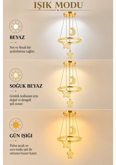 Modern Premium Gold Ay Yıldız 3 Renkli Ledli Sarkıt Avizesi Çocuk Genç Bebek Odası Modelleri 84w Beyaz