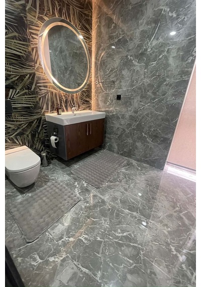 Modern Bubble Yıkanabilir Kaymaz Peluş Banyo Paspası Halısı 2'li Klozet Takımı 60x100 Ve 50x60 Gri