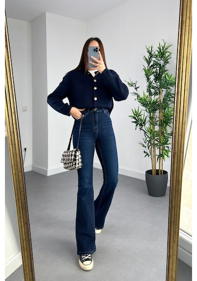 Woddi Ispanyol Lacivert Yüksek Bel Likralı Esnek Jeans Pantolon Kot New Laci Vert